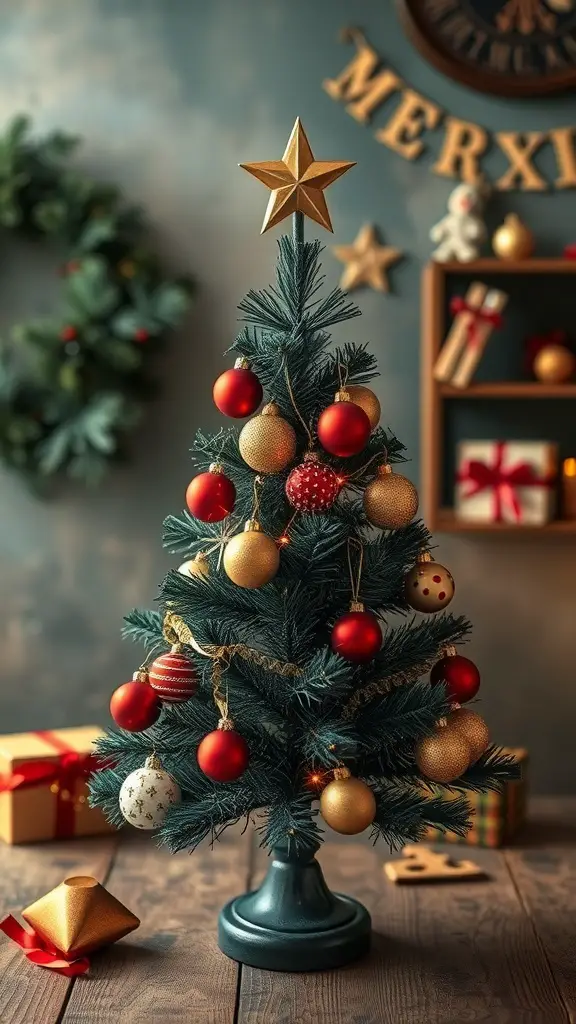 27+ Adorable Tabletop Christmas Tree Ideas for Your Holiday Decor 3 A vintage-inspired tabletop Christmas tree decorated with red and gold ornaments, topped with a star, set against a cozy holiday backdrop.