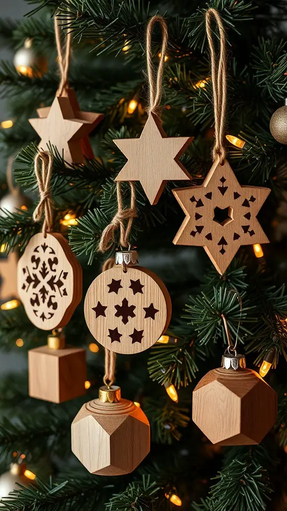 A variety of rustic wooden ornaments hanging on a Christmas tree.