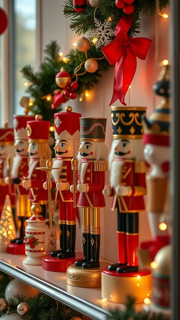 25+ Magical Nutcracker Christmas Decorations You Need This Holiday Season 4 A collection of colorful nutcracker figurines displayed on a shelf, surrounded by festive decorations.