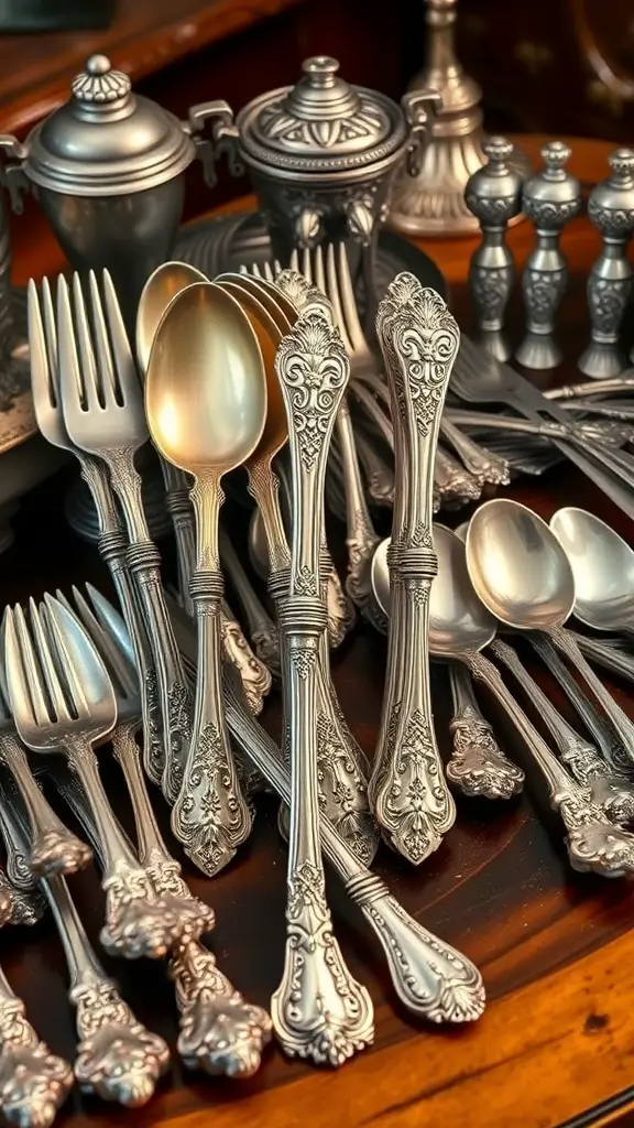 A collection of antique silverware displayed on a wooden surface, featuring forks, spoons, and decorative serving pieces.