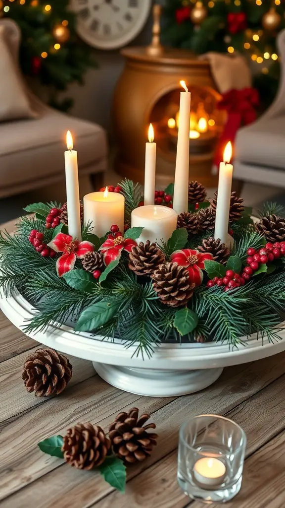 A festive coffee table centerpiece featuring candles, pinecones, and greenery.