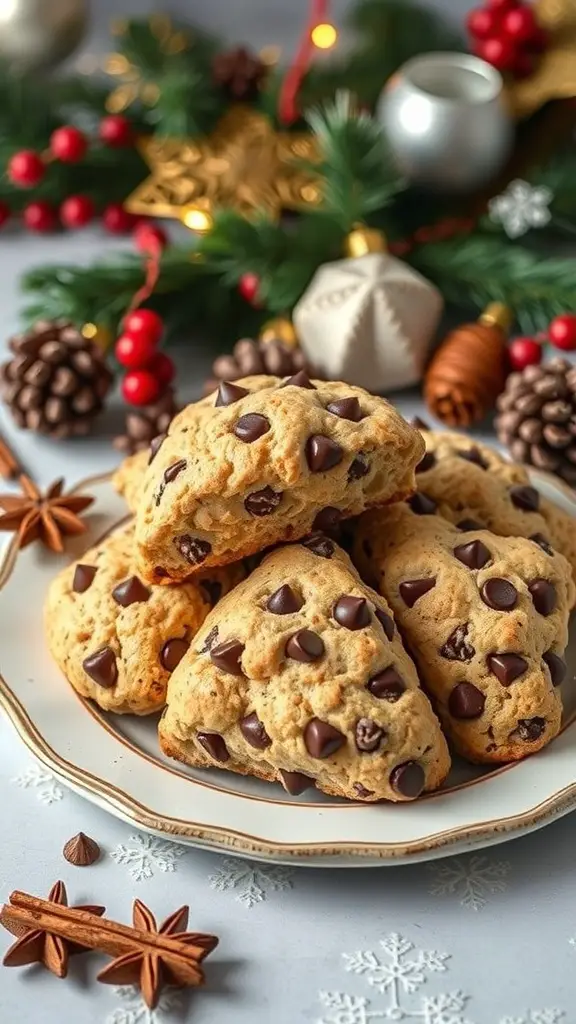 A plate of chocolate chip scones decorated with holiday spices and festive decorations.
