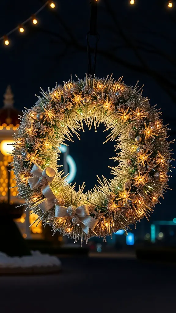 A beautifully lit wreath adorned with glitter and bows, perfect for New Year celebrations.