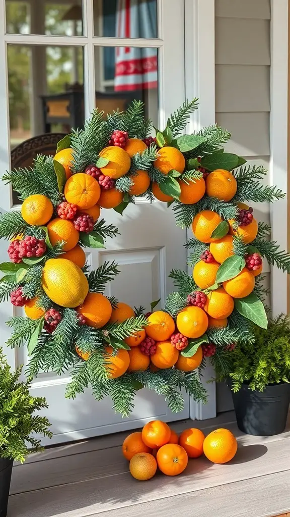 A vibrant wreath made of oranges, lemons, and evergreen branches, hanging on a door.
