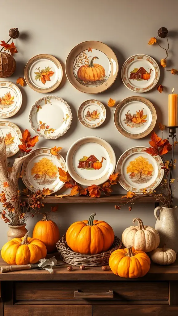 29+ Creative Ideas for a Stunning Plate Wall Display 6 A wall display of seasonal plates featuring autumn themes, with pumpkins and leaves.