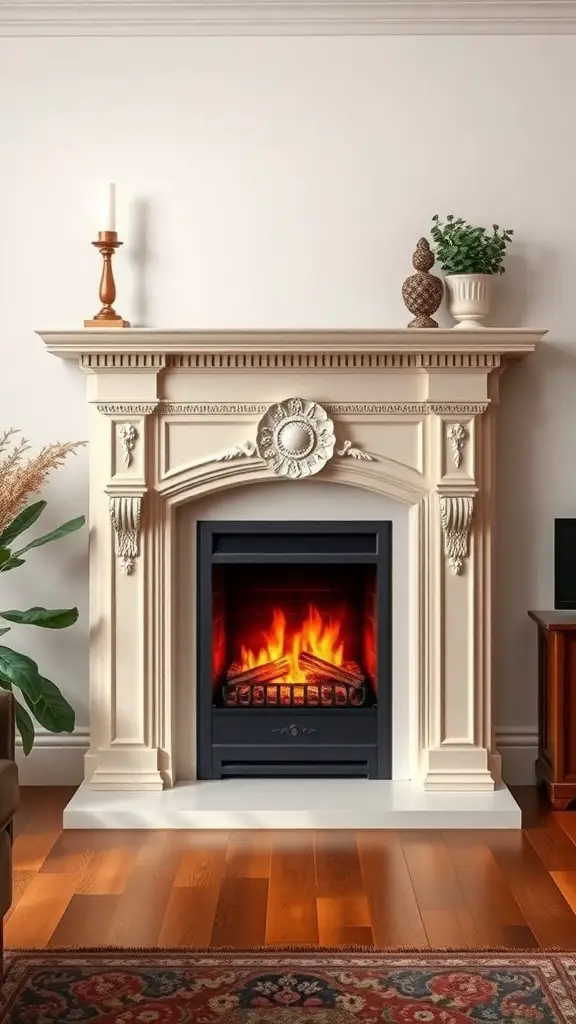 29+ Stylish Electric Fireplace Ideas to Transform Your Home 8 Traditional electric fireplace with an ornate mantel and decorative elements.