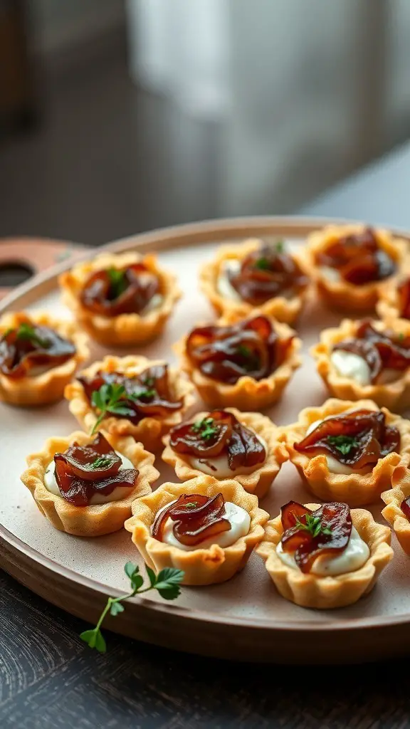 27+ Must-Try Christmas Snacks for Your Holiday Party 14 A platter of caramelized onion and goat cheese tartlets, featuring golden pastry shells filled with creamy goat cheese and topped with sweet caramelized onions.