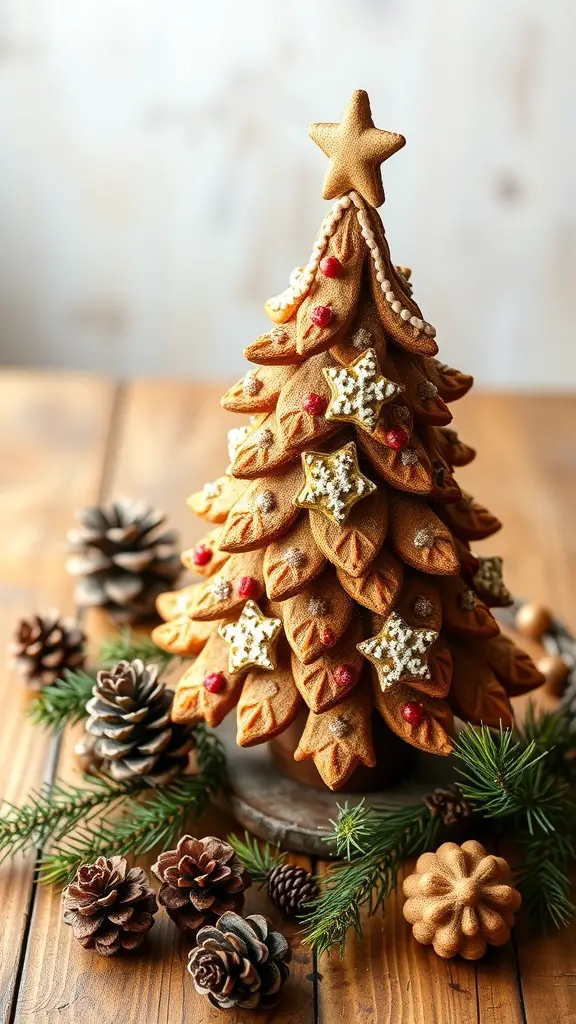 A rustic gingerbread tree decorated with natural accents like pinecones and evergreen.