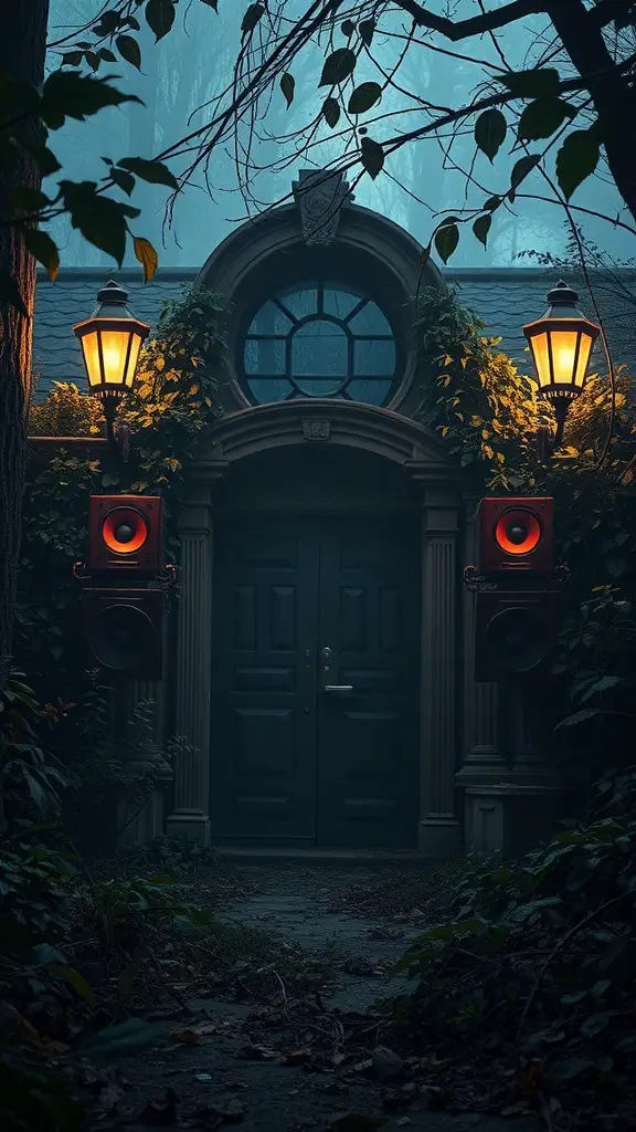 A spooky entrance with glowing lanterns and speakers ready to play chilling sound effects.