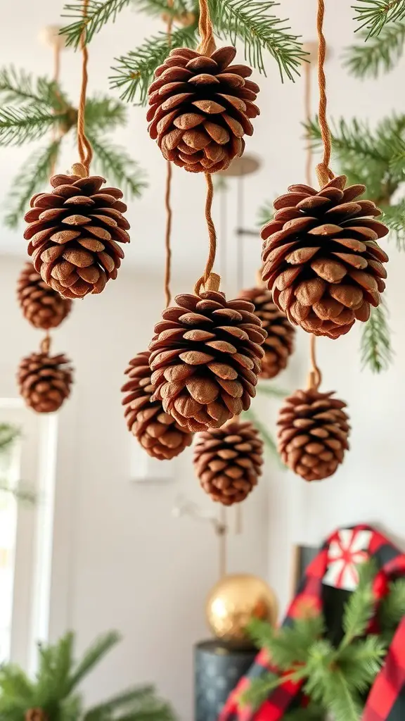 29+ Creative Christmas Ceiling Decoration Ideas to Festively Transform Your Home 7 Hanging pinecones with twine against a backdrop of greenery, creating a rustic Christmas decoration.