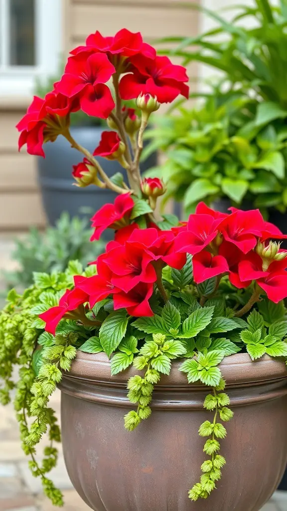 A vibrant outdoor planter filled with red flowers and green foliage.