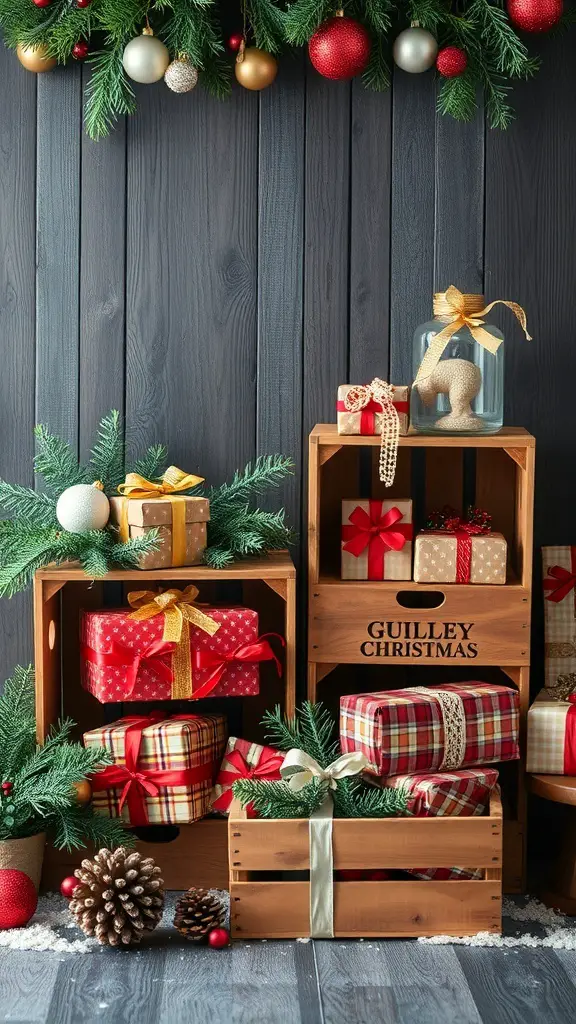 Wooden crates filled with wrapped gifts and greenery for Christmas decor