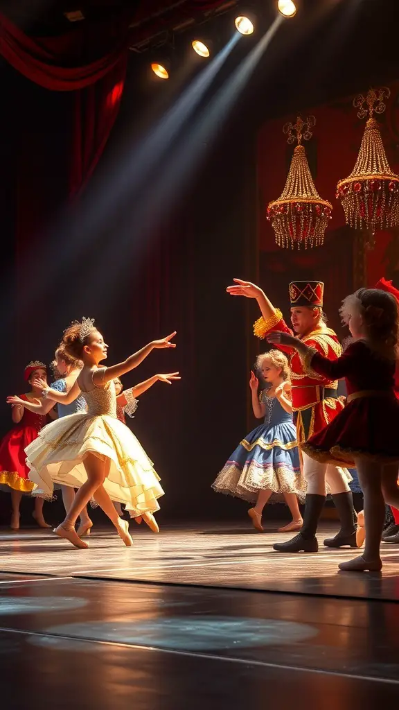 25+ Magical Nutcracker Christmas Decorations You Need This Holiday Season 9 A vibrant Nutcracker ballet performance featuring young dancers in colorful costumes, showcasing their graceful movements under spotlight.