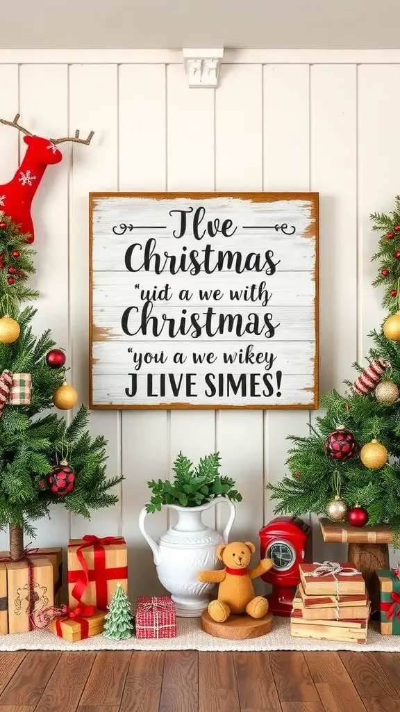 A wooden sign with holiday quotes surrounded by Christmas decorations.