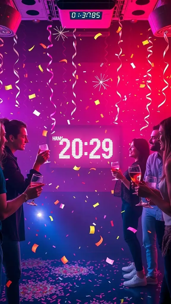 23+ Festive Christmas Event Ideas for a Joyous Celebration 16 A lively New Year's Eve countdown party with guests celebrating and a countdown clock.