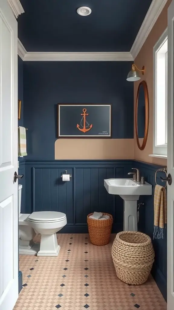 27+ Stunning Two-Tone Wall Paint Ideas to Transform Your Bathroom 3 A bathroom featuring bold navy walls and soft beige accents, with nautical decor.