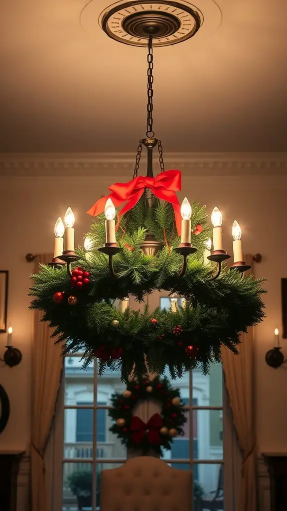 29+ Stunning Christmas Chandelier Ideas to Brighten Your Holidays 14 Traditional holiday wreath chandelier with red bow and ornaments