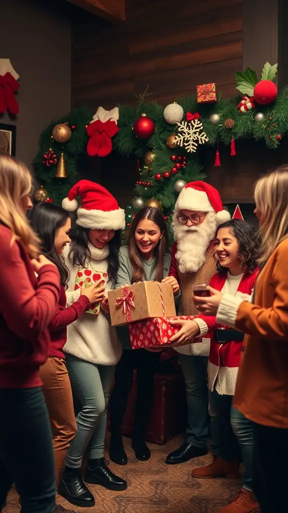 A group of people joyfully participating in a Secret Santa gift exchange, with one person dressed as Santa.