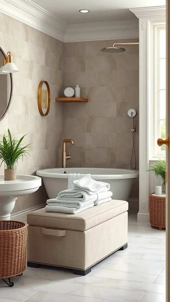 25+ Clever Hidden Storage Ideas for Your Bathroom 13 A stylish bathroom featuring a beige storage ottoman with towels on top, alongside a bathtub and decorative plants.