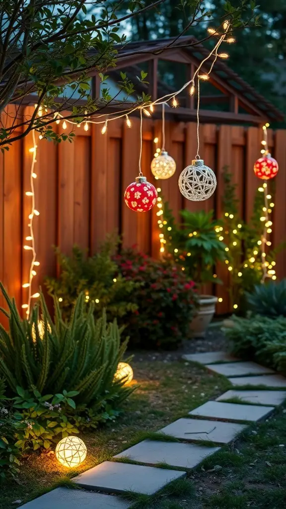A beautifully decorated outdoor space with string lights and colorful ornaments