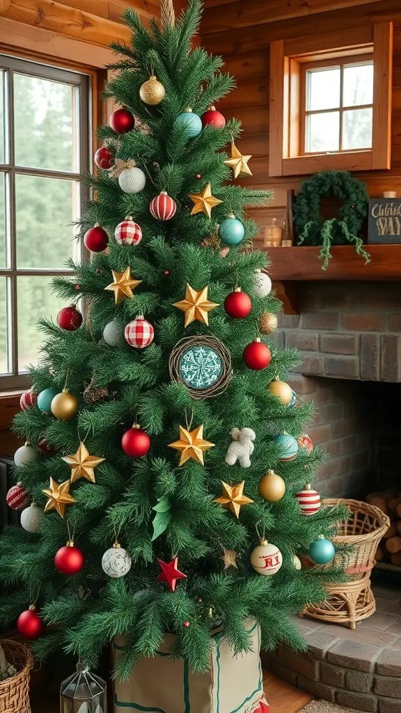 A decorated Christmas tree in a cozy cabin setting, featuring colorful ornaments and a warm atmosphere.