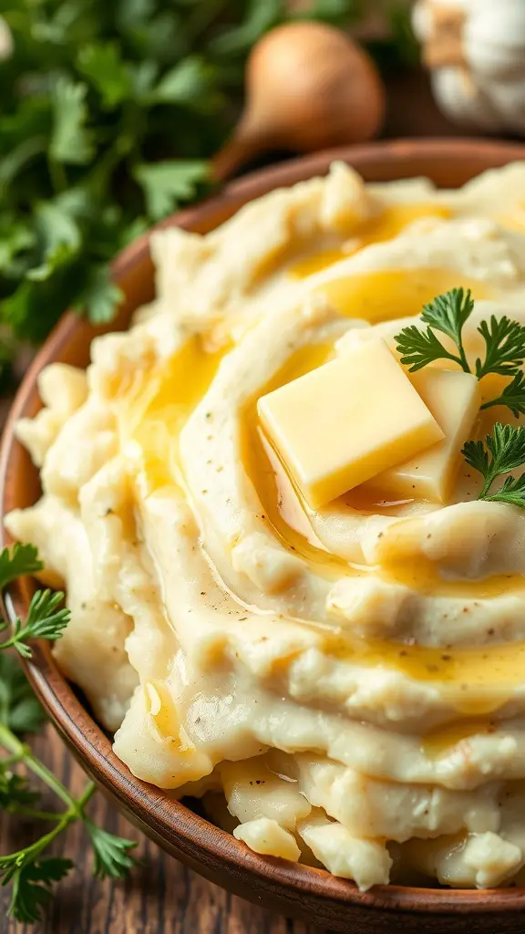 25+ Must-Try Thanksgiving Side Dishes You Need This Year 4 A bowl of creamy garlic mashed potatoes topped with butter and parsley