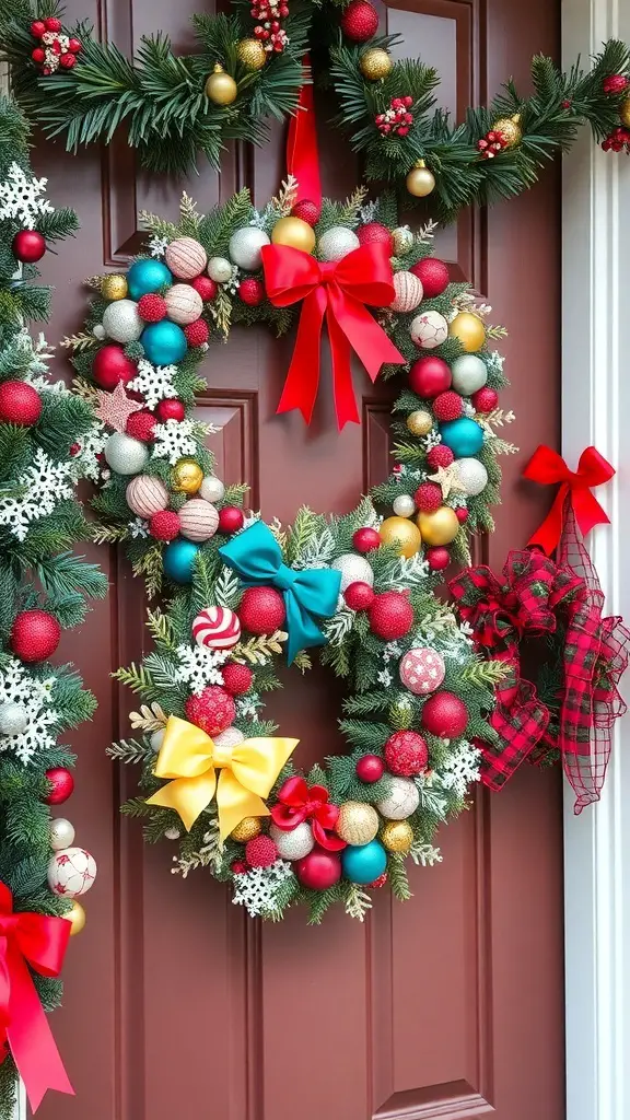 Colorful holiday wreaths with ornaments and bows hanging on a door