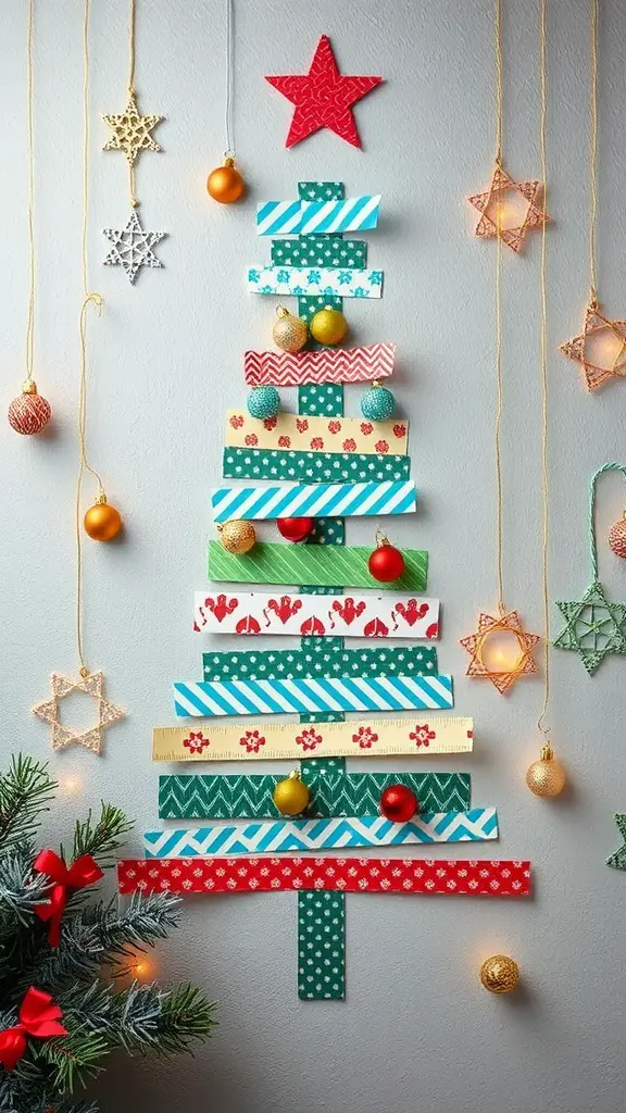 29+ Creative Wall Christmas Tree Ideas for a Festive Holiday Display 6 A colorful DIY washi tape Christmas tree on a wall with decorative stars and ornaments.