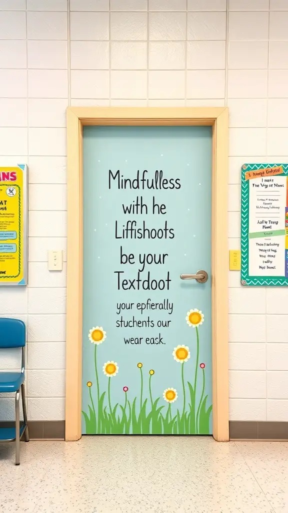 A classroom door with a cheerful design featuring flowers and a message about mindfulness and positive affirmations.