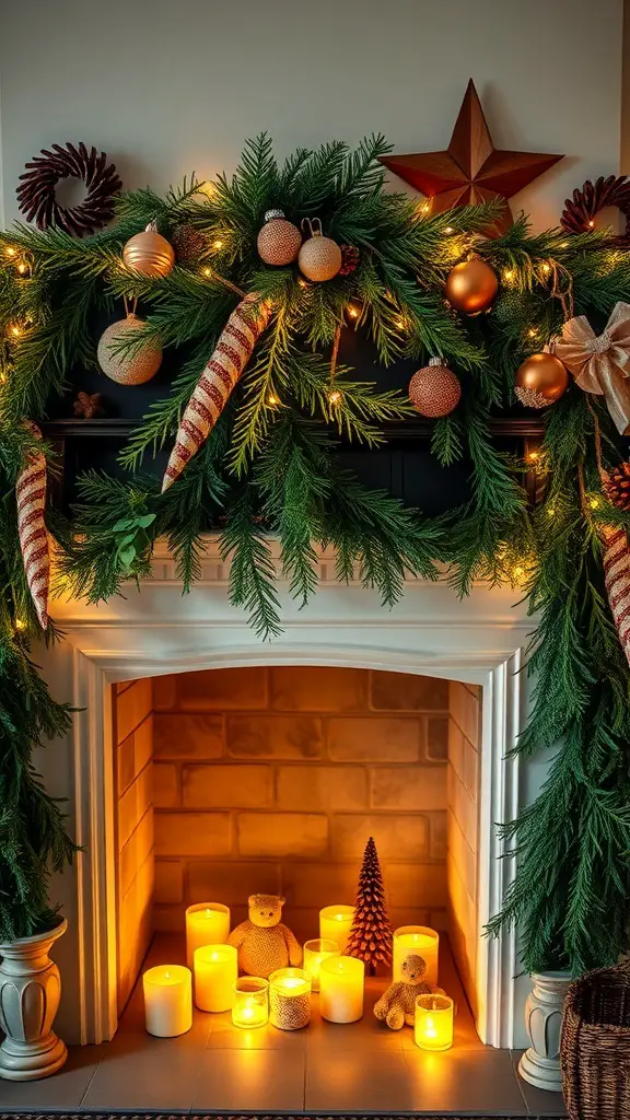 A beautifully decorated fireplace with evergreen garland, ornaments, and candles.