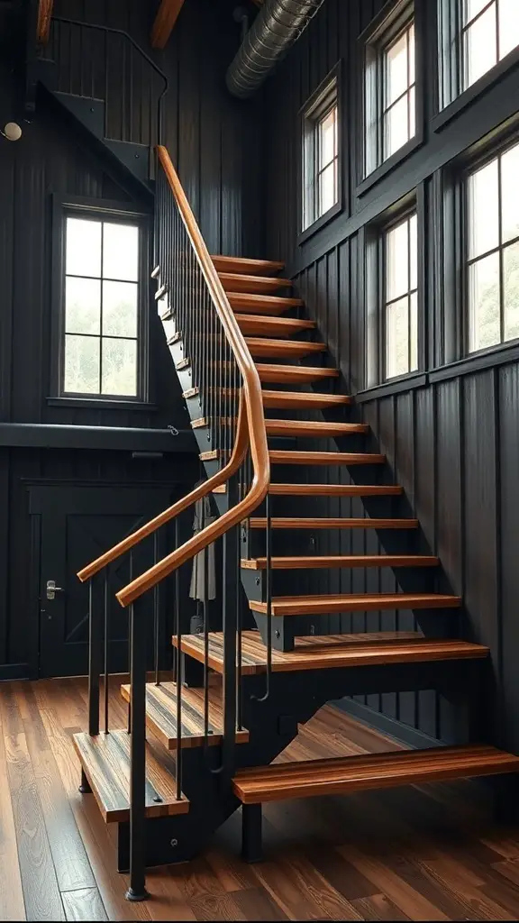 25+ Stunning Black Barndominium Designs You’ll Love 16 A unique staircase design featuring wooden steps and a metal railing in a black barndominium.