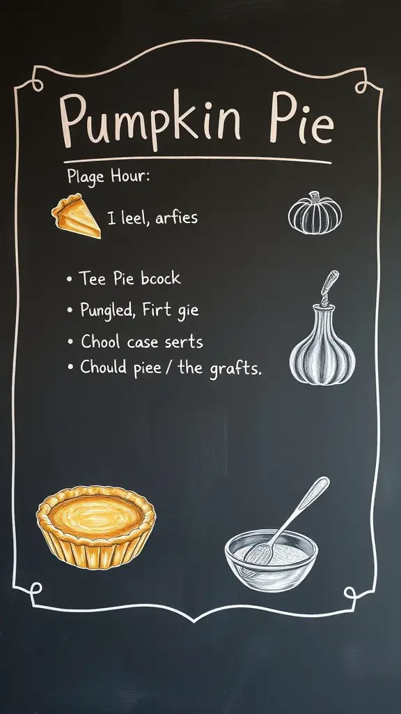 Chalkboard art displaying a pumpkin pie recipe with illustrations of pie, pumpkin, and mixing bowl.