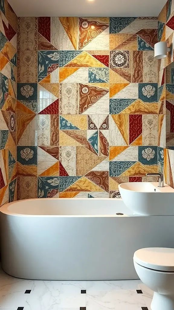 A bathroom with a decorative accent wall featuring colorful geometric tiles, a modern bathtub, and a minimalist toilet.