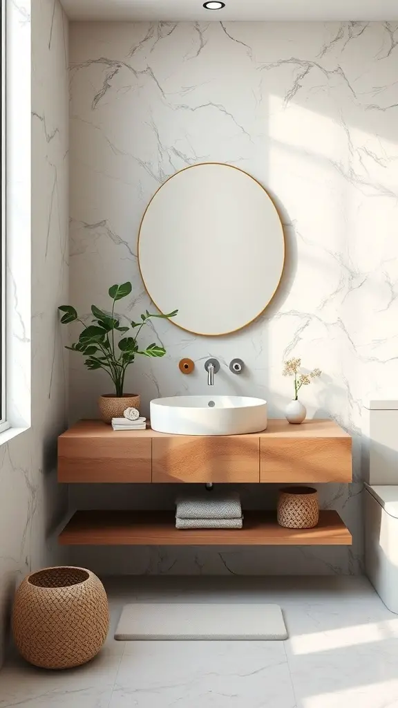 A modern floating corner vanity in a bathroom with a round mirror and plants.