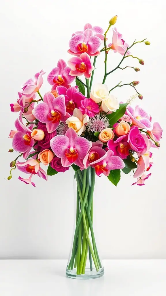 A vibrant arrangement of pink orchids and roses in a clear vase.