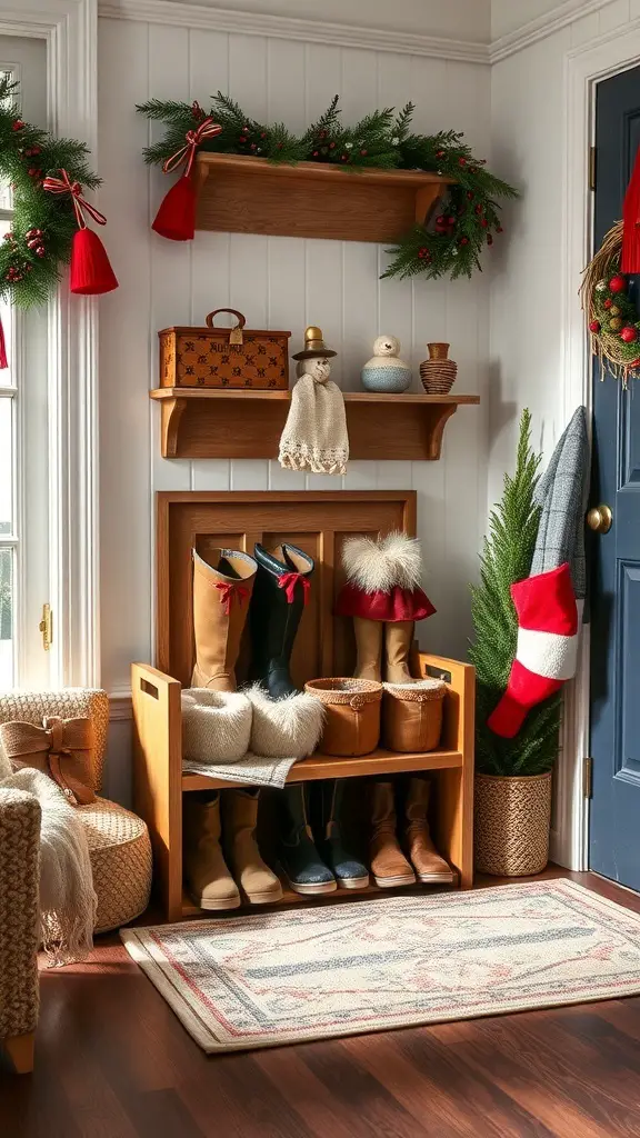 25+ Christmas Entryway Decor Ideas to Transform Your Home 14 Stylish boot storage in a festive entryway with decorative elements