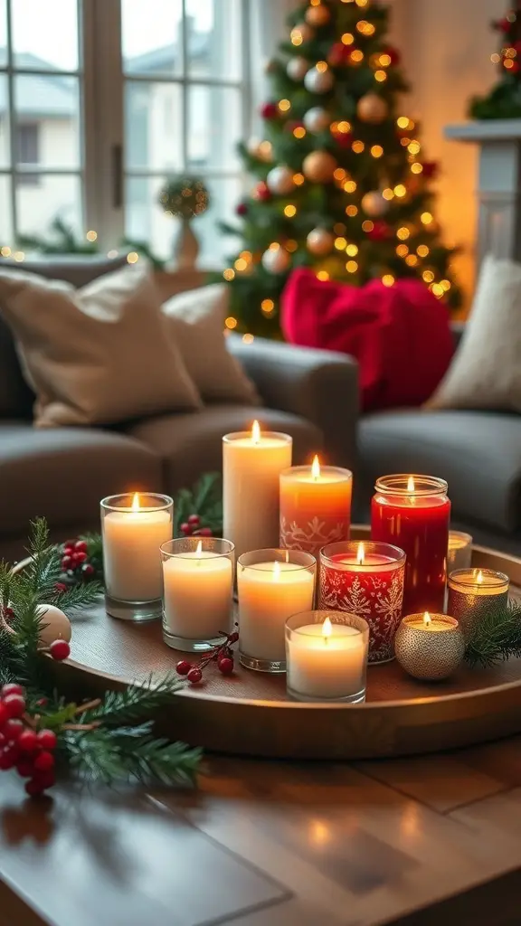 A cozy coffee table decorated with seasonal scented candles surrounded by greenery and red berries, with a Christmas tree in the background.