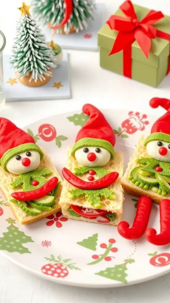 23+ Creative Christmas Breakfast Ideas That Kids Will Love 11 A plate of festive elf-shaped breakfast sandwiches made with bread, vegetables, and cheese, decorated for Christmas.