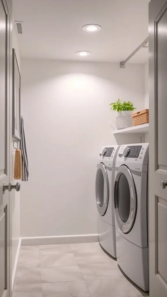 27+ Creative Small Space Solutions for Top Loader Laundry Rooms 10 A small, modern laundry room with top loader machines and recessed lighting.