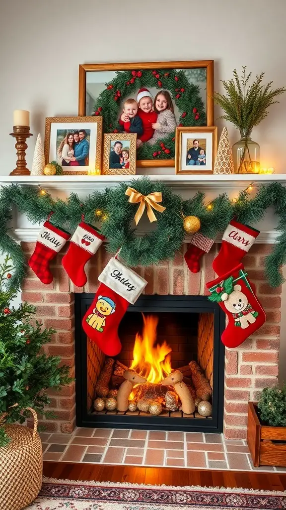 29+ Creative Christmas Mantel Decorating Ideas to Inspire Your Holiday Spirit 14 A festive Christmas mantel decorated with family photos, personalized stockings, and seasonal greenery.