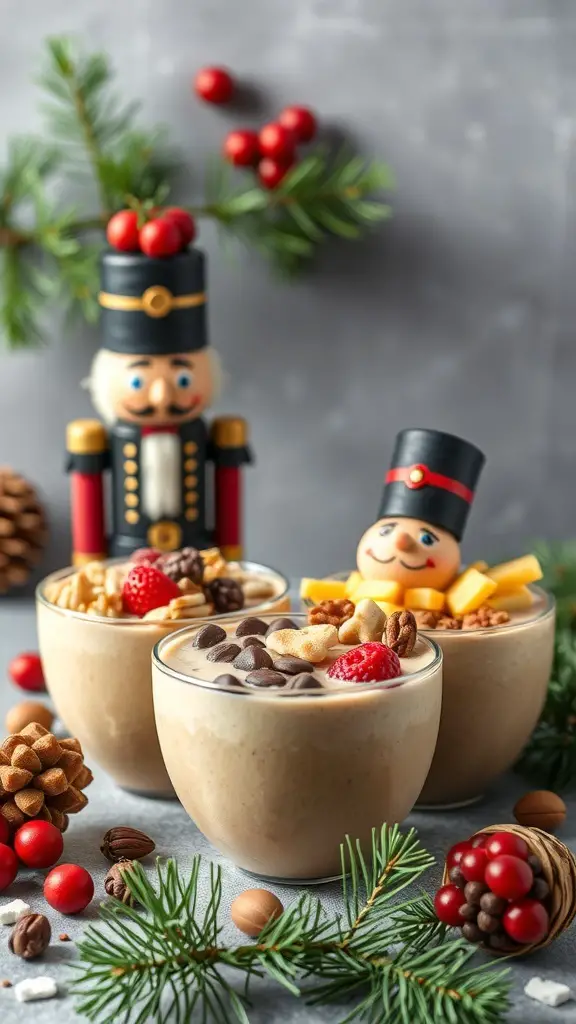 23+ Creative Christmas Breakfast Ideas That Kids Will Love 13 Three Nutcracker Smoothie Bowls decorated with fruits and nuts, with nutcracker figurines in the background.