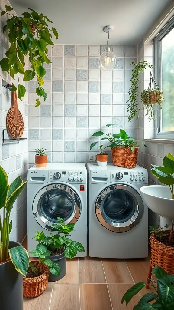 25+ Creative Bathroom Laundry Combo Ideas for Space-Saving Solutions 4 A bright laundry area featuring eco-friendly appliances surrounded by plants.