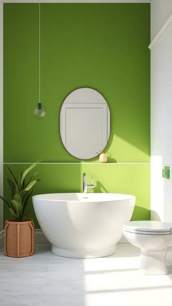 23+ Inspiring Green Bathroom Ideas for a Refreshing Makeover 12 Bright green accent wall in a modern bathroom with a round mirror and white fixtures