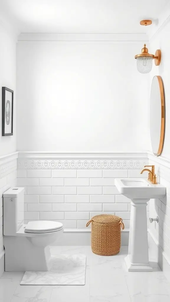 25+ Chic White Bathroom Ideas for a Timeless Look 15 A bright and modern white bathroom featuring white accent walls, a golden light fixture, and a woven basket.
