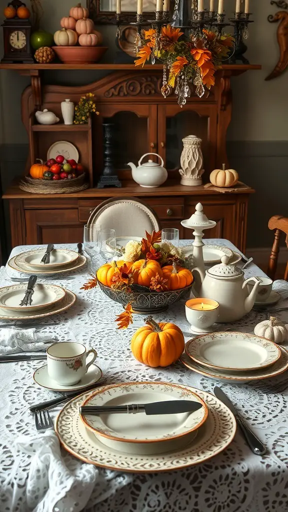 A vintage Thanksgiving table setting with a lace tablecloth, elegant plates, small pumpkins, and a warm candle.