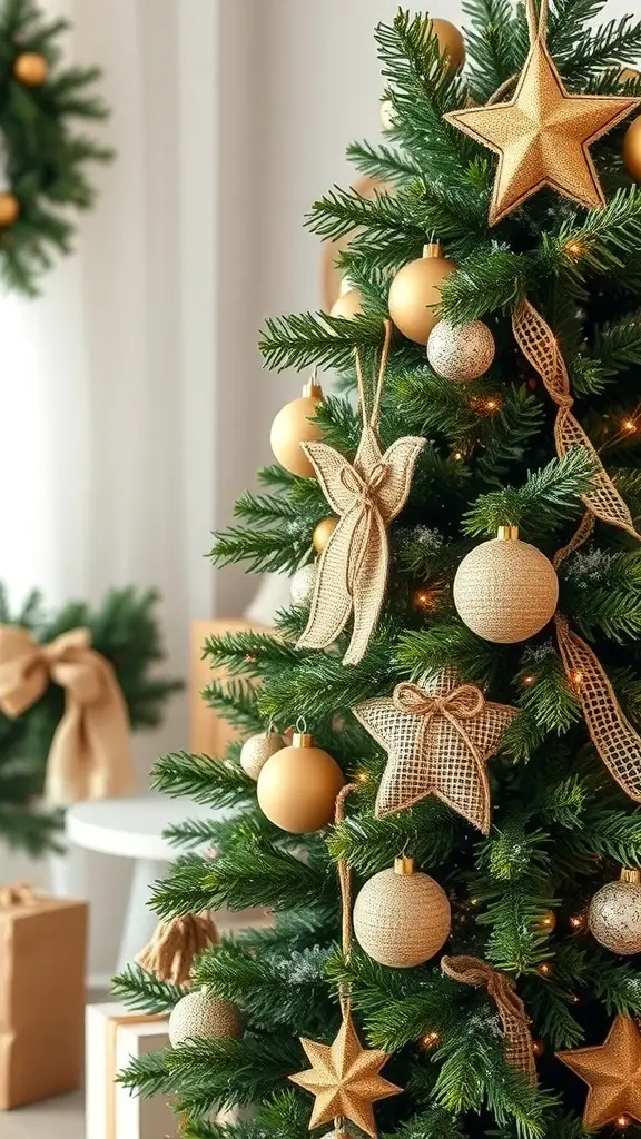A beautifully decorated Christmas tree with gold ornaments and burlap accents in a cozy cabin setting.