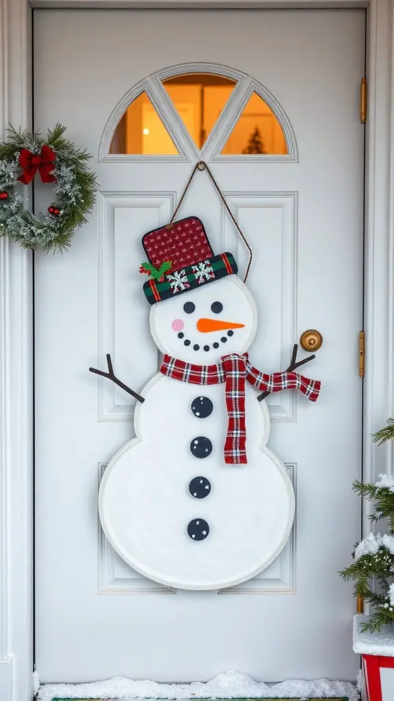 29+ Creative Christmas Doorway Decorations to Brighten Your Holiday Season 8 A whimsical snowman door hanger with a scarf and hat, next to a holiday wreath on a white door.