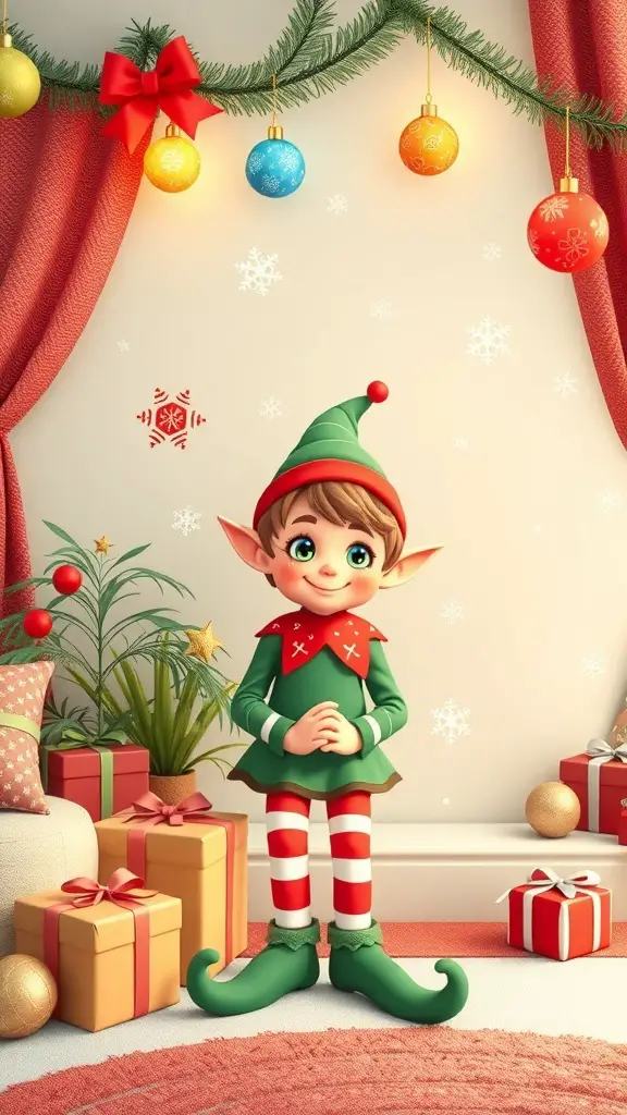 27+ Stunning Christmas Wall Art Ideas for a Festive Home 12 A cheerful elf character in a festive setting with gifts and decorations.