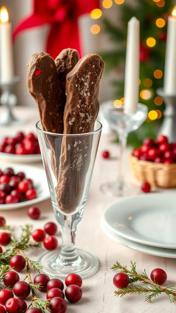 Chocolate Cranberry Biscotti in a glass with cranberries and festive decorations