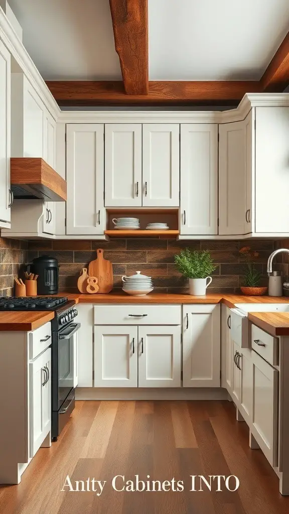 25+ Stunning Antique White Kitchen Cabinets for Timeless Style 14 A kitchen featuring antique white cabinets and natural wood elements, showcasing a warm and inviting design.